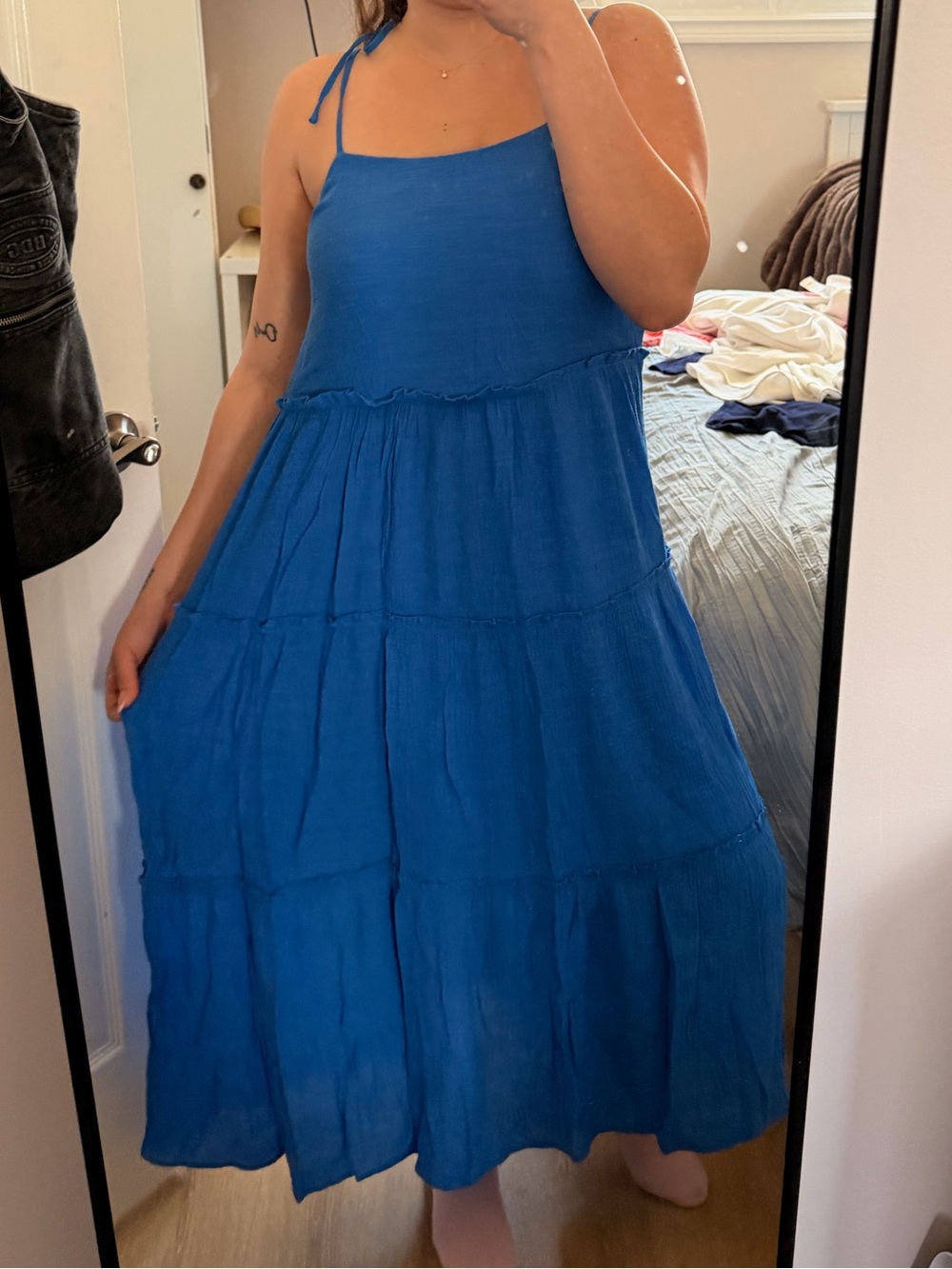Blue Tiered Maxi Dress - Sleeveless Tie-Strap